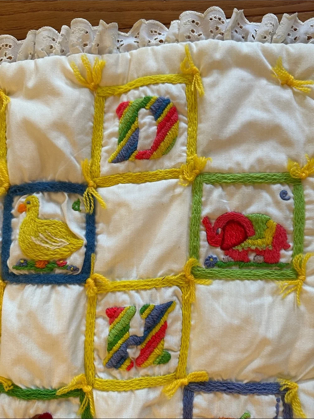 Handmade baby, toddler ABCs embroidered quilt with yellow gingham backing, 1979
